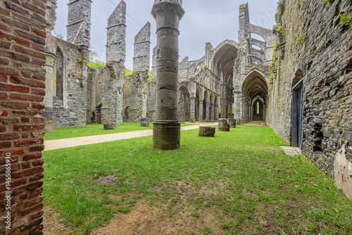 View into the church in the ruins of Villers Abbey, the remains of a Cistercian abbey abandoned in 1796