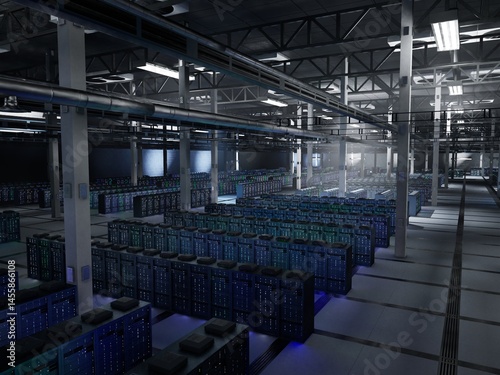 Server cabinets in data center maintaining large scale AI datasets, workflows and model testing. Supercomputers in server farm executing continuous learning and inference, 3D animation.