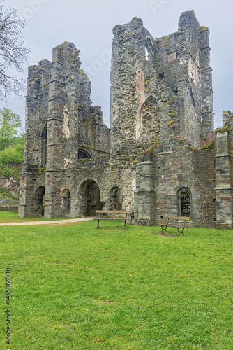 The entrance of the church in the ruins of Villers Abbey, the remains of a Cistercian abbey abandoned in 1796