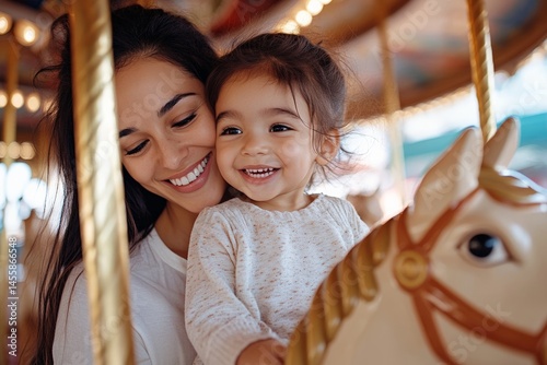 Joyful asian mother and daughter riding carousel horse at amusement park