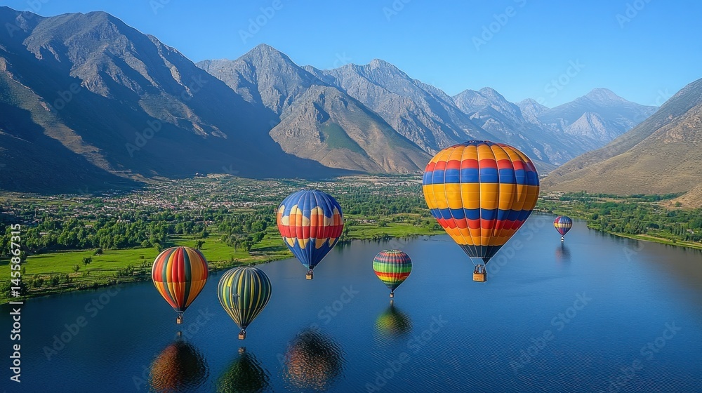 Fototapeta premium Colorful hot air balloons over a serene lake, nestled amidst mountains. Lush valleys and a tranquil vista