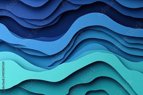 Abstract layered wavy shapes in shades of blue.  A deep blue base layered with lighter teal and turquoise waves