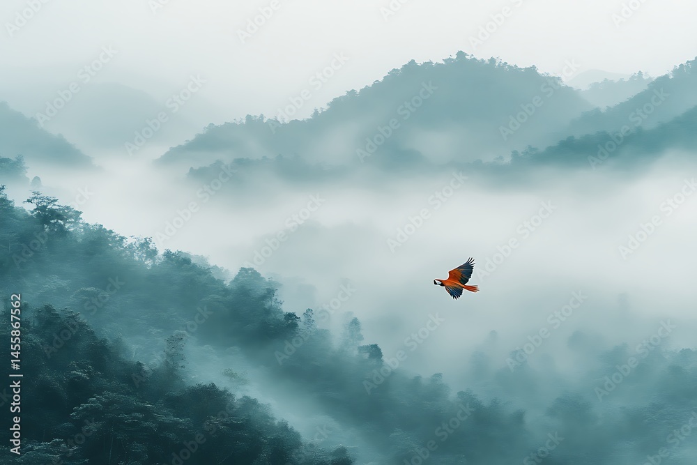 Fototapeta premium Bird soaring over misty green hills, gliding through clouds