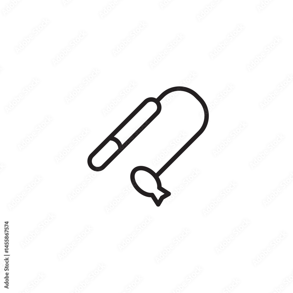A simple line art icon of a pet teaser toy with a stick and a fish. A simple line art icon of a pet teaser toy with a stick and a fish.