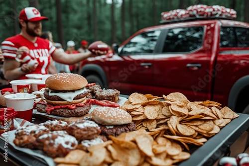 Outdoor tailgate party with burgers, chips, and sports enthusiasts in red