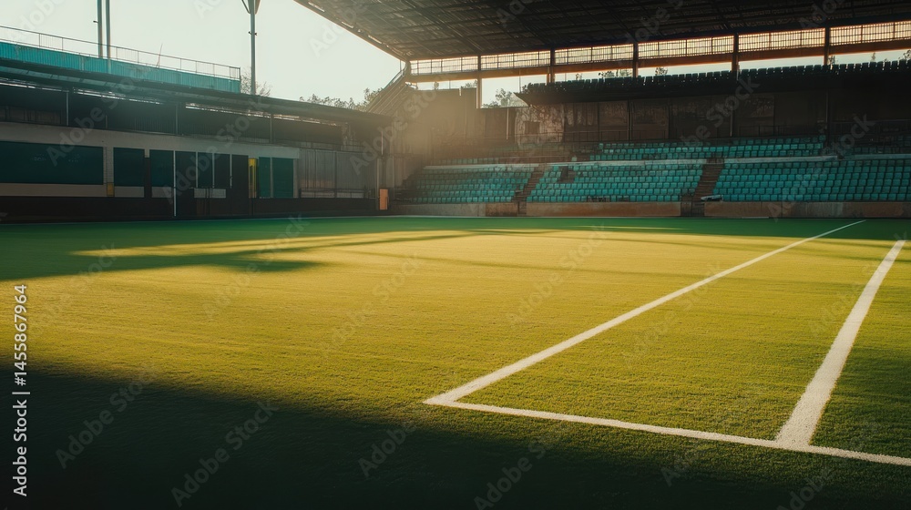 Fototapeta premium Sunlit Soccer Stadium: A Serene Morning at the Field