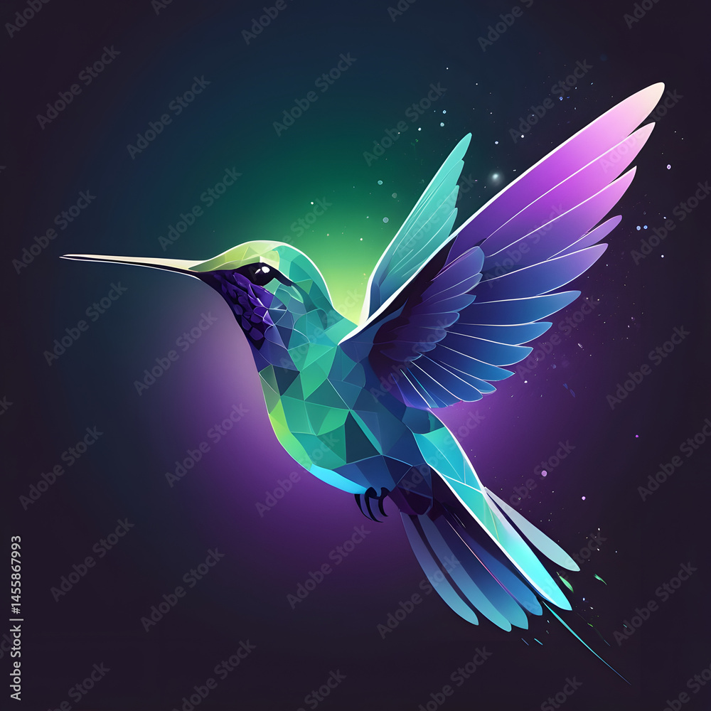 Obraz premium Silhouette of a hummingbird in mid-flight, filled with shimmering aurora gradient