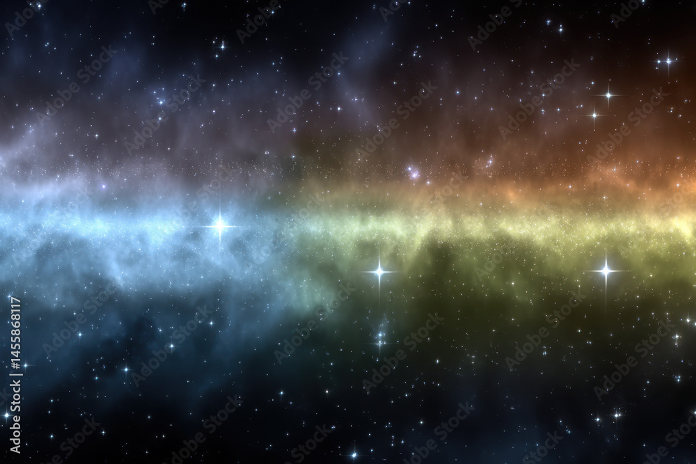 Obraz premium Stunning rainbow spectrum nebula cloud stretches across black space canvas, filled with twinkling stars and vibrant colors, evoking sense of wonder and cosmic beauty