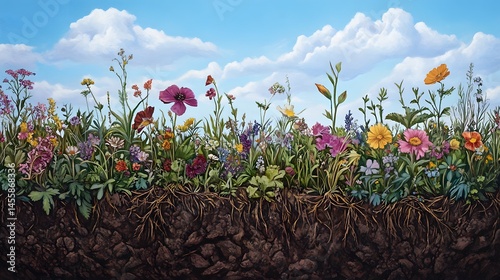 Colorful wildflowers and roots beneath a vibrant sky.