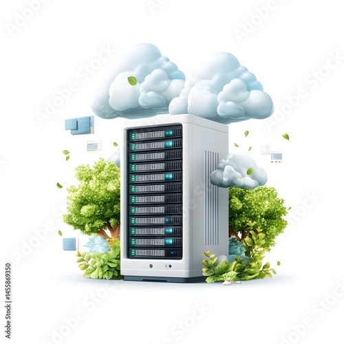 A modern futuristic data storage server surrounded by a lush natural landscape with green trees plants and blue sky with clouds photo