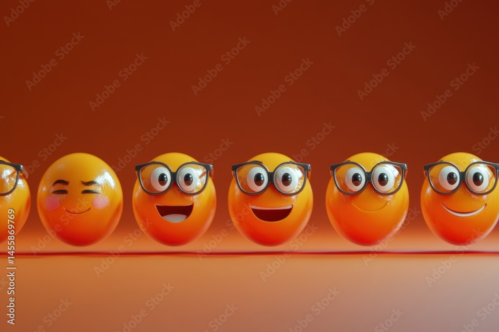 Emoji character faces in 3D, evenly spaced for a promotional banner Emoji character faces in 3D, evenly spaced for a promotional banner