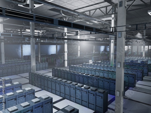 Data facility storing massive datasets used in AI simulations, prediction systems and model inference. High-performance hardware enabling computation at scale, jib down view.