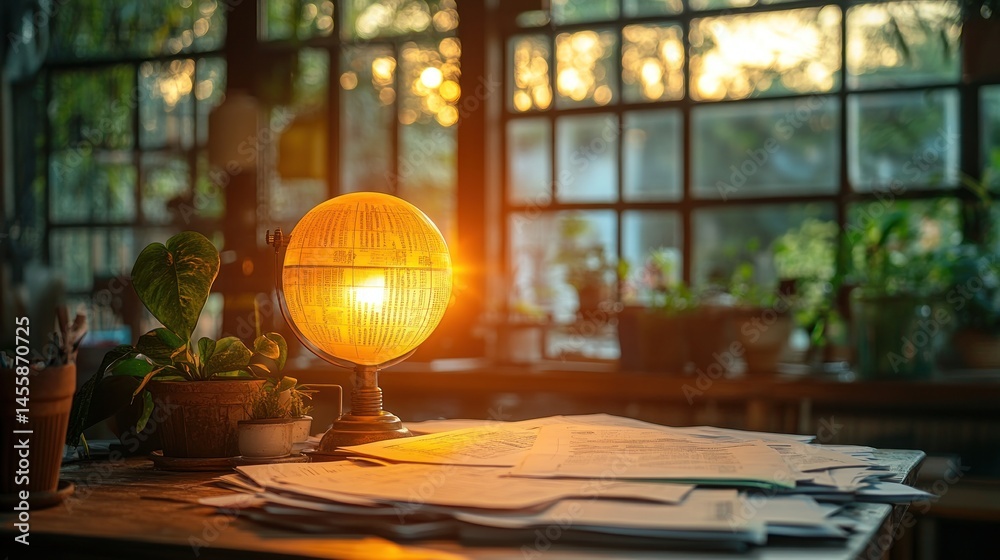 Fototapeta premium Warm globe lamp on a desk, surrounded by plants and documents, bathed in the golden light of sunset through large windows