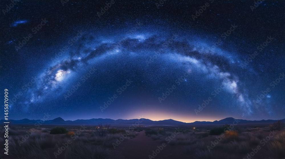 Fototapeta premium A stunning panorama showcasing the Milky Way galaxy stretching across the night sky over a desert landscape.