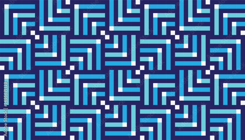 Cool-toned geometric pattern with L-shaped corner lines in blue, cyan, and white, arranged in a seamless tile grid. Great for tech-themed backgrounds, digital prints, or modern packaging