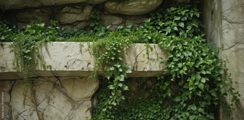 Fototapeta premium Ancient ivory stone, heavily weathered, draped with lush green ivy and moss , weathered, garden, vintage