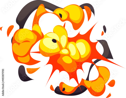 Cartoon comic fire bomb explosion, blast effect and smoke boom cloud. Vector explode burst with a glowing center and dark smoky tendrils expanding outward, representing atomic impact and detonation
