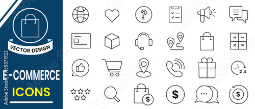 E-commerce icon collection set. E-commerce, shopping line icons vector set. Containing shopping cart, sale tag, bag, credit cards, quality, heart, location, shopping bag icon. Vector illustration.