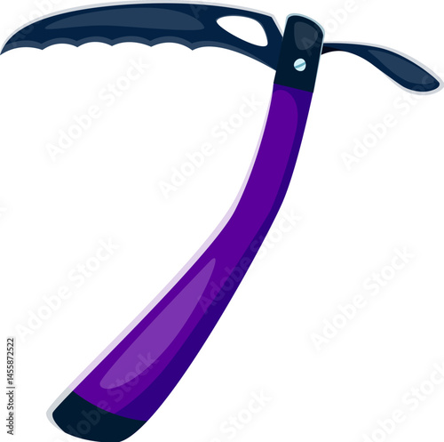 Cartoon number seven as a purple ice axe used in climbing. Vector numeral 7 sport font, kids typeface, funny type, alphabet for showcasing outdoor adventure equipment or mountaineering safety tools