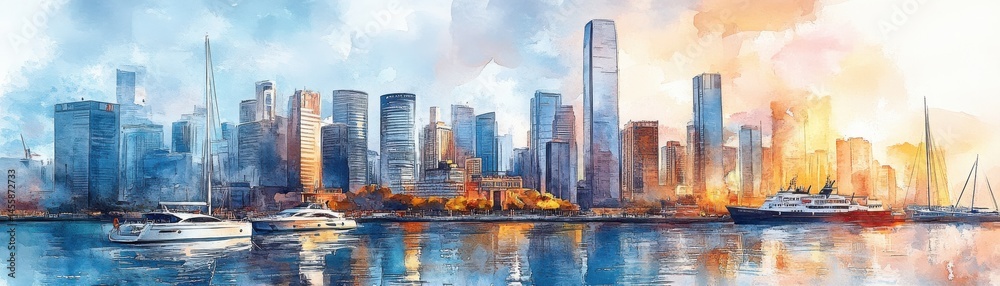 Fototapeta premium A vibrant watercolor city skyline with tall skyscrapers, boats, and reflections on the water under a colorful sky.