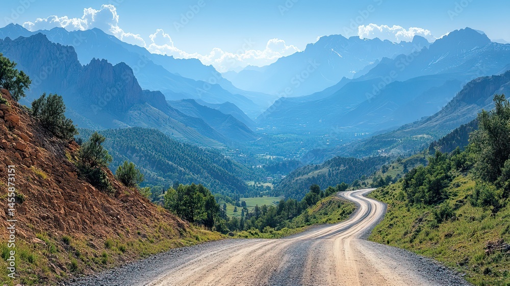 Fototapeta premium A winding mountain road with breathtaking views of valleys and distant peaks under a clear blue sky.