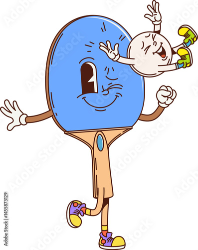 Table tennis sport club groovy cheerful character. Ping-pong game cute hippie isolated isolated vector character, sport championship groovy personage. Table tennis sport racket and ball happy mascots