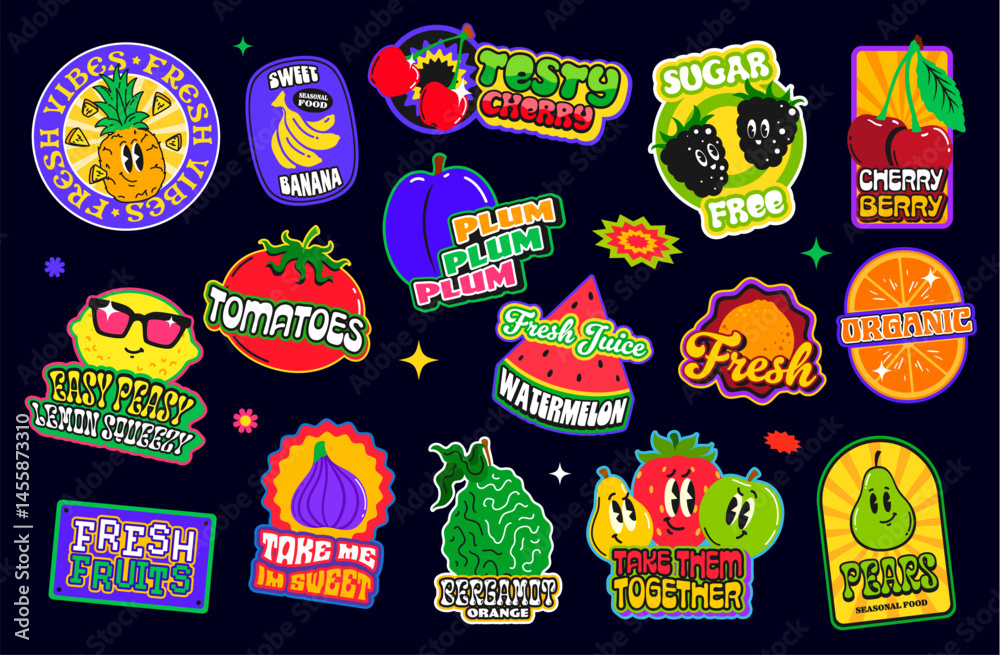 Tropical ripe fruits y2k groovy patch stickers, fresh smoothie and juice retro funky labels. Cute berries with smiling faces and funny fruit drink emojis y2k stickers set, retro groovy juice badges