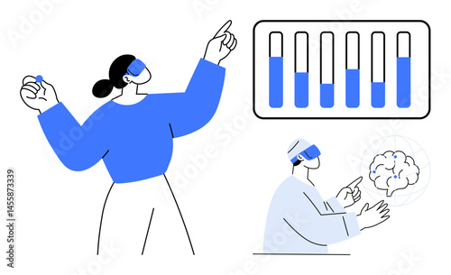 Researchers interacting with test tubes, virtual data, and brain analysis. Ideal for science, research, healthcare, innovation, education, laboratory simple landing page