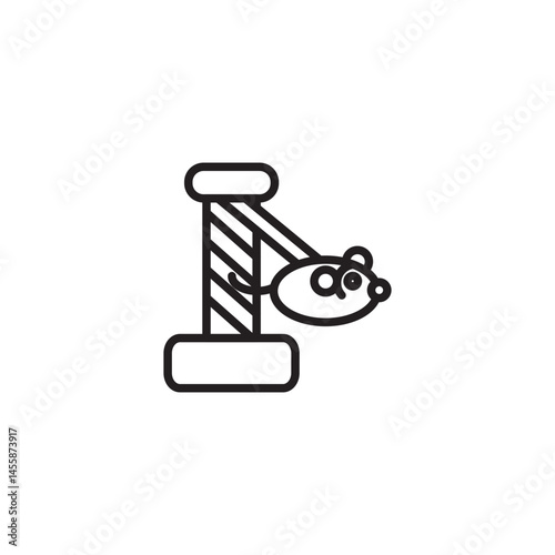 A simple line art icon of a cat scratching post with a dangling mouse toy.