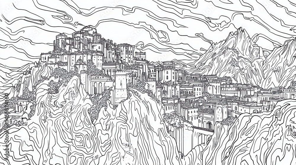 Obraz premium Village nestled in mountainous terrain depicted in a high contrast monochrome linework composition evoking classic engraving artistry