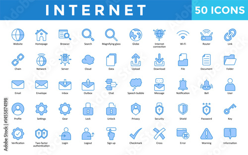 Internet icons set with website, homepage, browser, search, magnifying glass, globe, internet connection, wi-fi, router, link icon. Simple retro vector 
