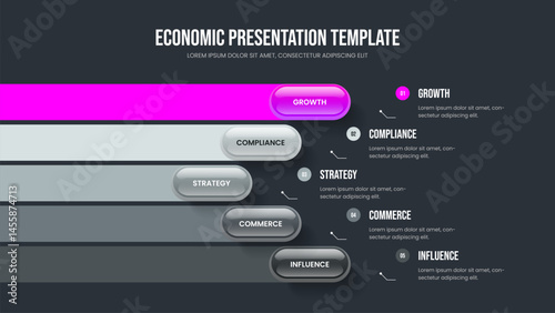 Sales Launch 5 Option Diagram Slide Design. Investor Innovation Presentation Template Vector Illustration. Enterprise Planning Five Step Infographic Slideshow Layout.
