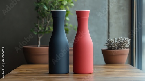 Wallpaper Mural Two modern, matte-finished bottles, black and red, sit on a wooden table, in front of plants and a window Torontodigital.ca