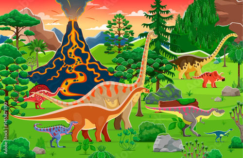 Prehistoric era landscape with volcano and dinosaur characters, vector background with extinct reptiles. Cartoon brachiosaurus, hypselosaurus and tarbosaurus, ouranosaurus and alectrosaurus dinosaurs