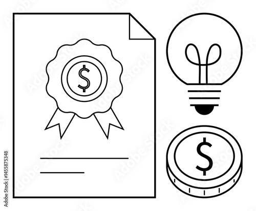 Certificate, dollar coin, and light bulb representing recognition, innovation, and monetary value. Ideal for finance, innovation, rewards success entrepreneurship education business. Flat simple