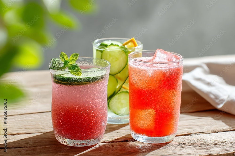 Refreshing summer drinks with mint, cucumber, and watermelon on wooden table Refreshing summer drinks with mint, cucumber, and watermelon on wooden table