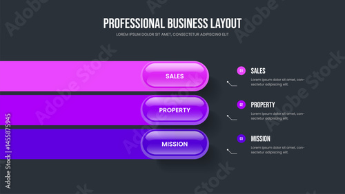 Modern Growth Three Element Diagram Frame Layout. Investor Planning Slide Template Vector Illustration. Corporate Innovation 3 Step Infographic Presentation Design.