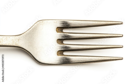 Close-up of a tarnished metal fork, showing the tines and handle.  The fork's surface exhibits signs of wear and use