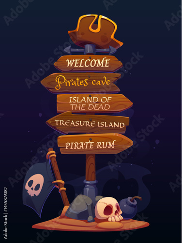 Pirate party sign board or wooden signage with corsair tricorn hat, vector cartoon signboard. Pirate party sign board with direction arrows to treasure island or pirate rum bar with captain skulls