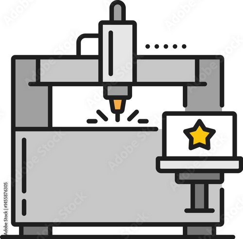 Laser cutting line icon of laser cutting machine for cut processing works, vector symbol. Laser cutting machine line icon of metalwork industry, metal etching or engraving and CNC technology pictogram