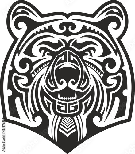 Maori tribal animal tattoo, New Zealand Polynesian predator beast head. Samoan culture totem symbol. Black and white vector warrior sign. Hawaiian tribe motif print or Maori ethnic isolated body art