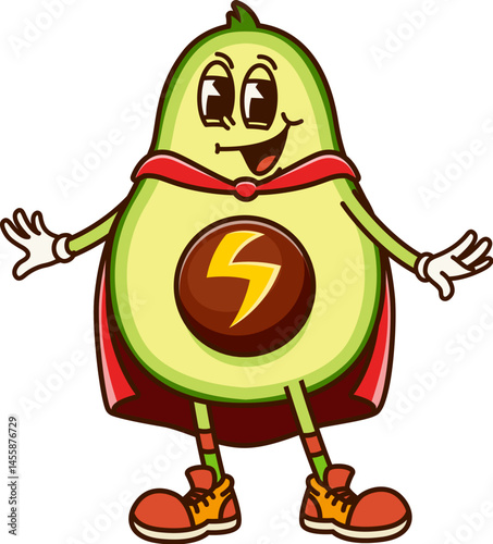 Avocado fruit superhero groovy cute character. Ripe tropical fruit hero retro isolated vector personage, avocado defender with lightning sign on seed, wearing red cape funny hippie vintage mascot