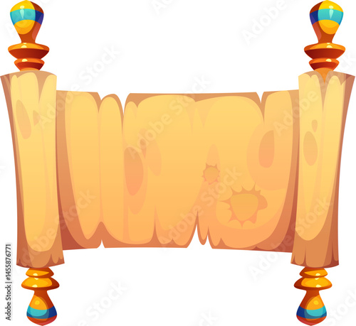 Ancient scroll Egypt game icon, Egyptian treasure asset. Cartoon vector unrolled parchment with wooden handles on each side, old paper template for treasure maps, quests or historical game elements