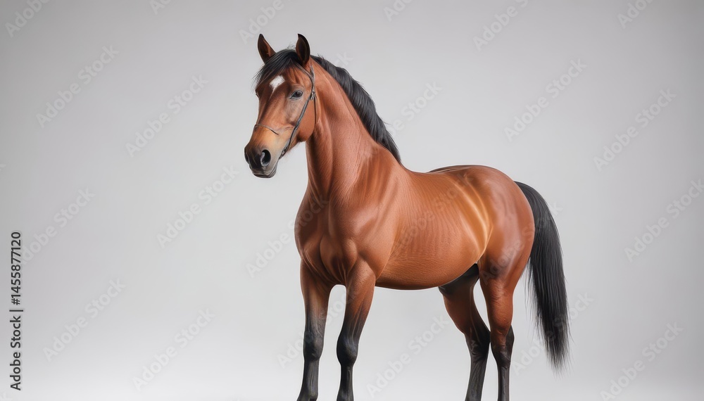 Obraz premium A majestic bay horse stands alone against a pure white background , livestock, chestnut horse