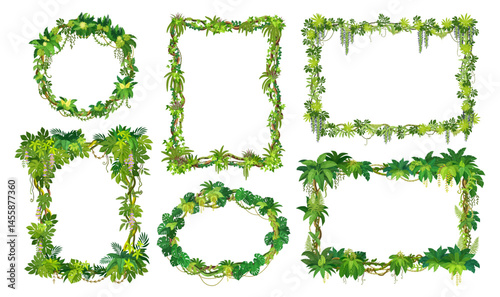 Jungle tropical forest liana frames with green leaves and plant branches vector border lines. Square, round and oval frames with cartoon floral borders of tropical forest branches, lianas and flowers