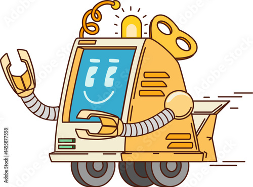 Cartoon funny groovy robot or retro droid on wheels with funny face display, vector character. Retro transformer droid or mechanic robot with winding key and antenna for robotic cyborg bot character