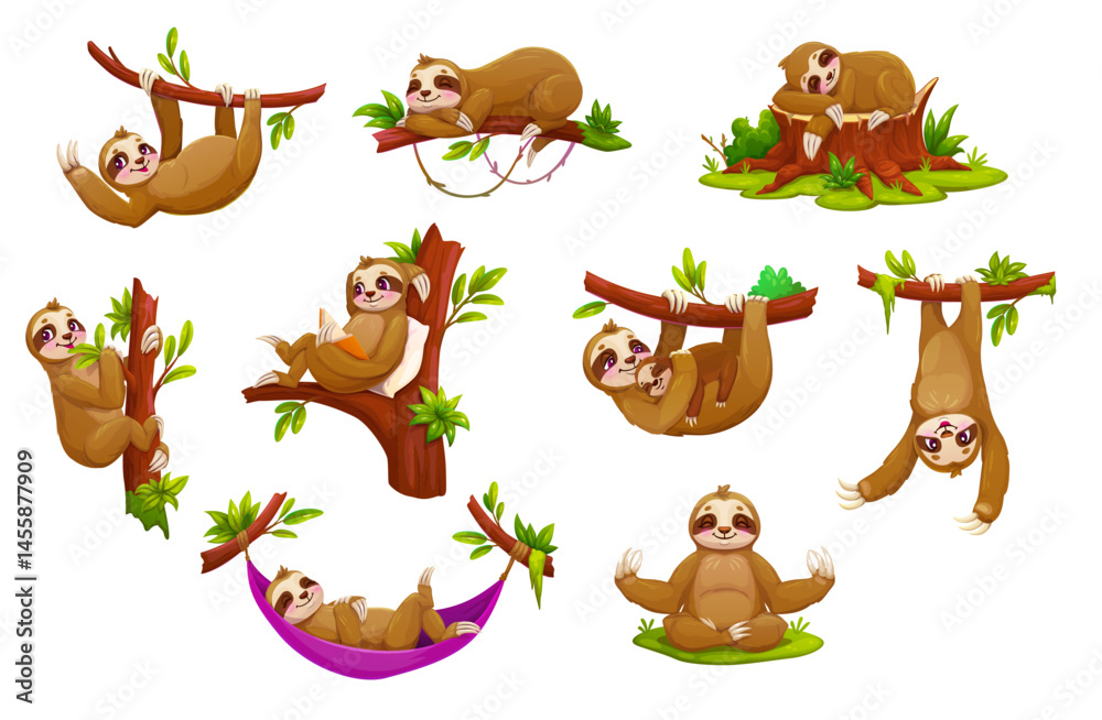 Fototapeta premium Cartoon lazy sloth animals, funny cute characters in relaxed and playful poses hanging from branches, meditating, sleeping, reading and lounging in a hammock, captures the slow and carefree lifestyle