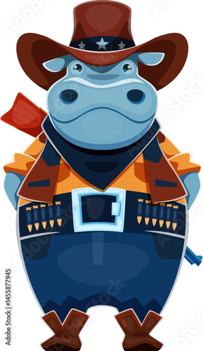 Cartoon animal cowboy, hippopotamus sheriff or bandit robber and ranger, vector character. Funny hippo Wild West ranger or Western bandit character in cowboy hat with rifle guns and bullet bandoleer