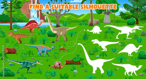 Kids game, find the correct shadow of prehistoric dinosaurs. Shadow match riddle or quiz, silhouette find kids game or puzzle vector worksheet with various dinosaurs cute cartoon characters on meadow