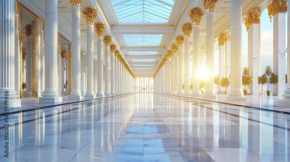 Fototapeta premium grand hall with marble floors and golden columns, illuminated by sunlight. elegant architecture creates luxurious atmosphere